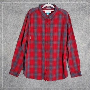 Columbia Men Shirt XL Buttons Long Sleeve Red Collared Plaid Outdoor preppy